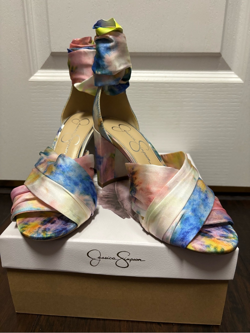 Jessica Simpson Multicolor Tie-Dye Satin Block Heel Sandals